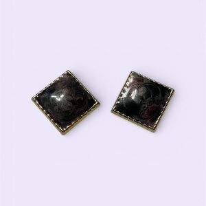 Dark Marbled Square Stud Earrings With Gold Trim